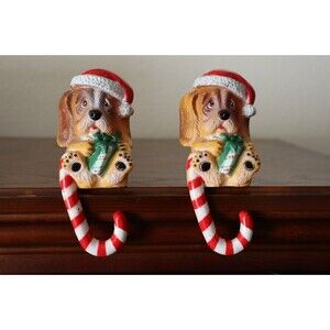 Lot 2x Vtg Santa Beagle Hound  Dog Christmas Stocking Hanger Holder Shelf Sitter